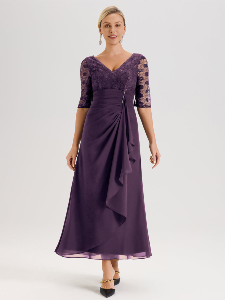 Cicinia Plum Robe De Mère De La Mariée Longue Ligne A En Dentelle Et Mousseline À Décolleté En V Demi-Manches Et Ceinture À Longs Rubans