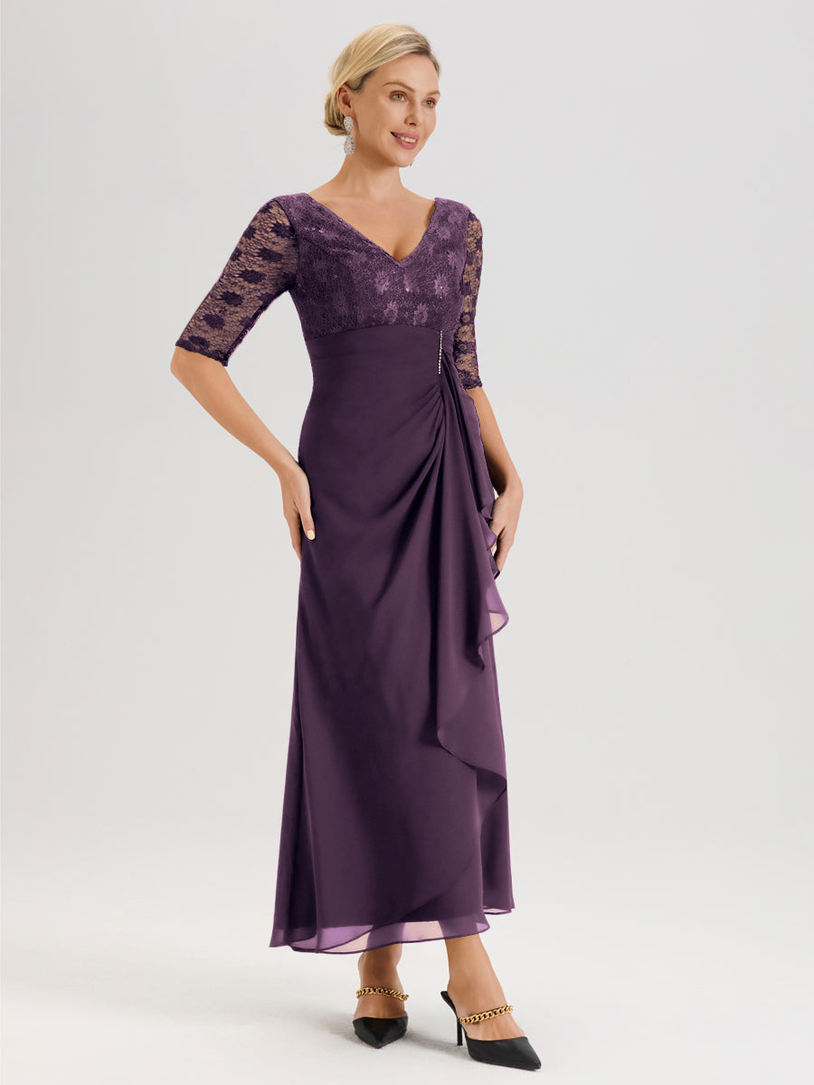 Cicinia Plum Robe De Mère De La Mariée Longue Ligne A En Dentelle Et Mousseline À Décolleté En V Demi-Manches Et Ceinture À Longs Rubans