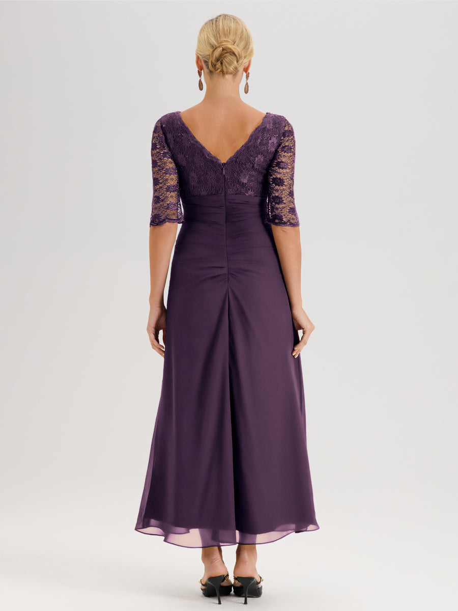 Cicinia Plum Robe De Mère De La Mariée Longue Ligne A En Dentelle Et Mousseline À Décolleté En V Demi-Manches Et Ceinture À Longs Rubans