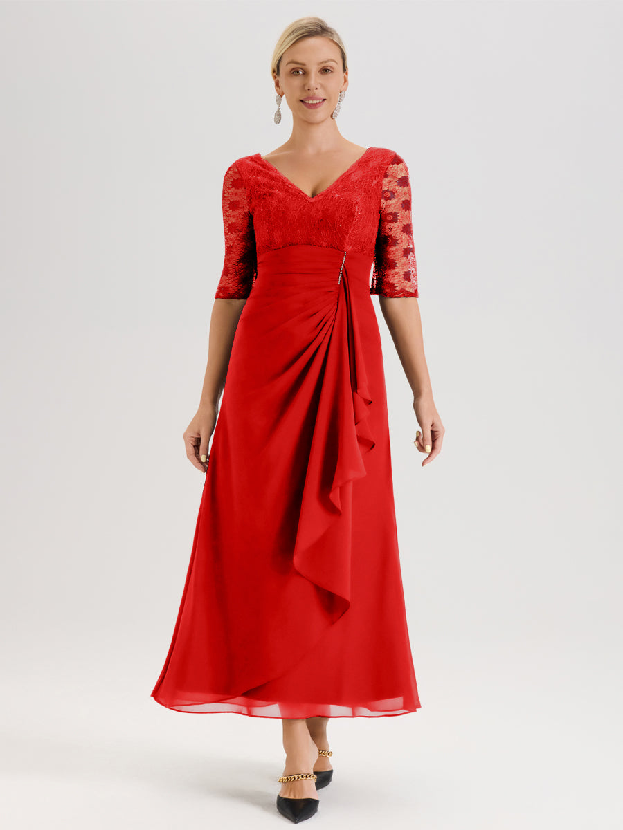 Cicinia Rouge Robe De Mère De La Mariée Longue Ligne A En Dentelle Et Mousseline À Décolleté En V Demi-Manches Et Ceinture À Longs Rubans