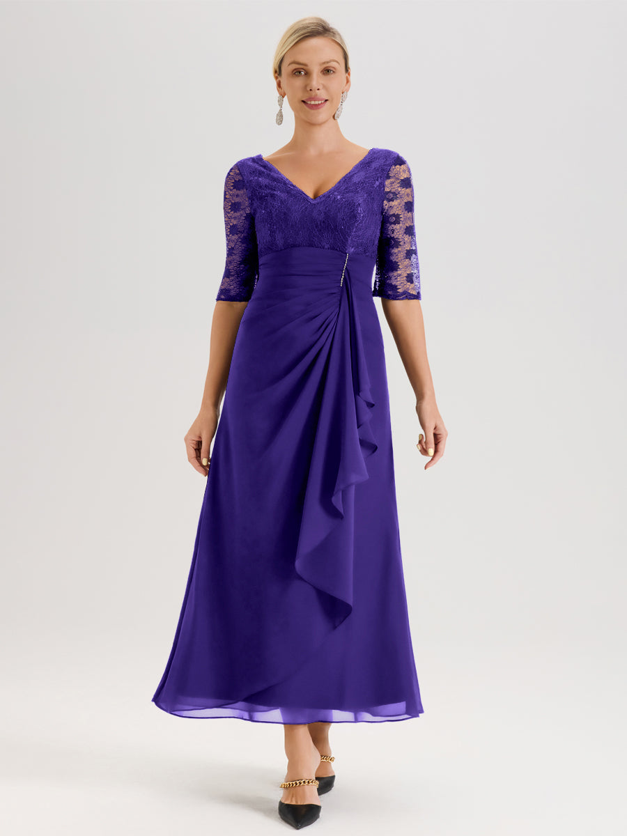 Cicinia Régence Robe De Mère De La Mariée Longue Ligne A En Dentelle Et Mousseline À Décolleté En V Demi-Manches Et Ceinture À Longs Rubans