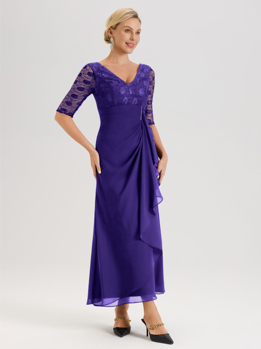 Cicinia Régence Robe De Mère De La Mariée Longue Ligne A En Dentelle Et Mousseline À Décolleté En V Demi-Manches Et Ceinture À Longs Rubans