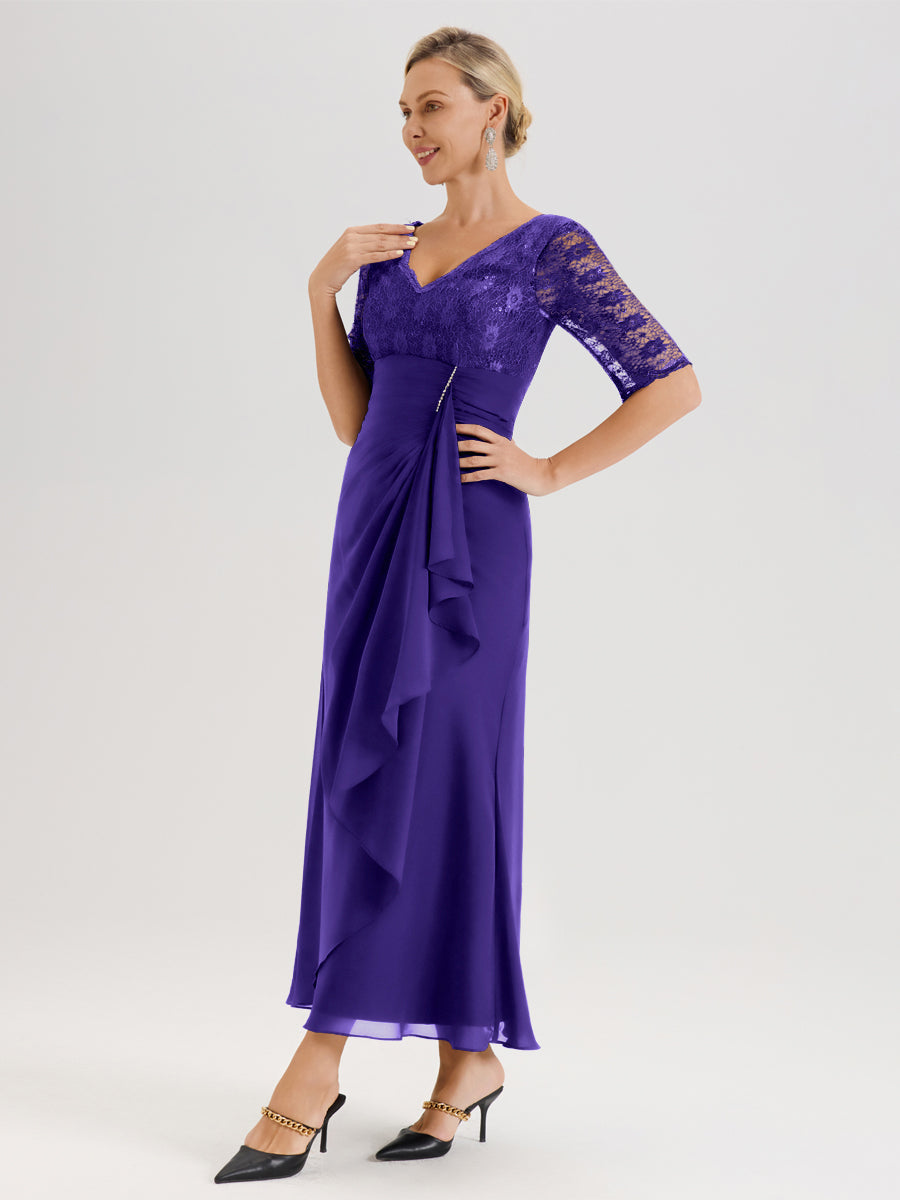 Cicinia Régence Robe De Mère De La Mariée Longue Ligne A En Dentelle Et Mousseline À Décolleté En V Demi-Manches Et Ceinture À Longs Rubans