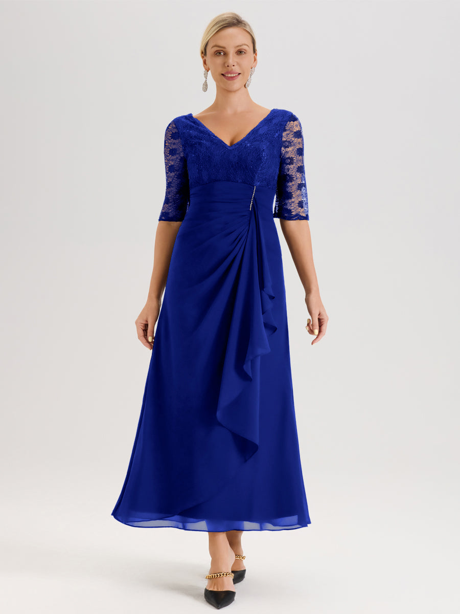Cicinia Bleu Royale Robe De Mère De La Mariée Longue Ligne A En Dentelle Et Mousseline À Décolleté En V Demi-Manches Et Ceinture À Longs Rubans