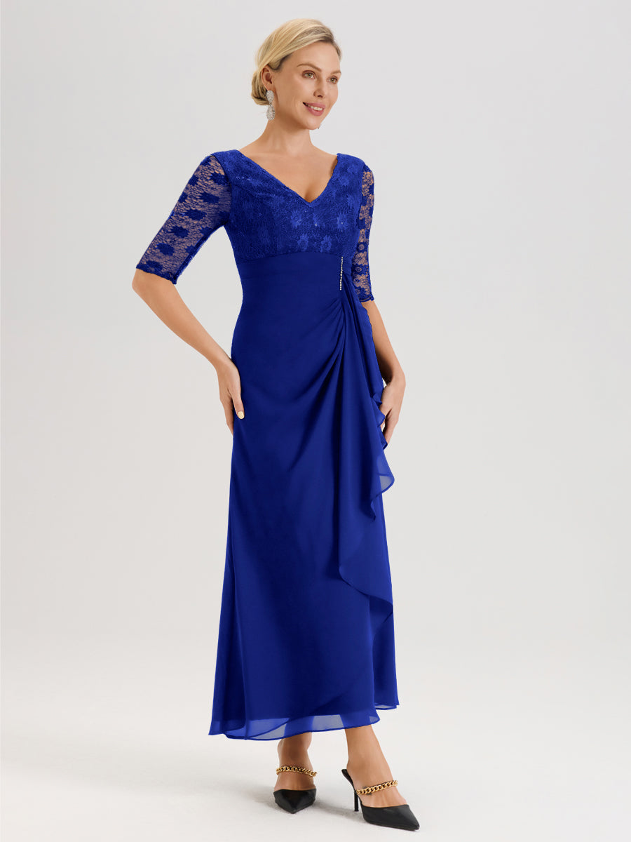 Cicinia Bleu Royale Robe De Mère De La Mariée Longue Ligne A En Dentelle Et Mousseline À Décolleté En V Demi-Manches Et Ceinture À Longs Rubans