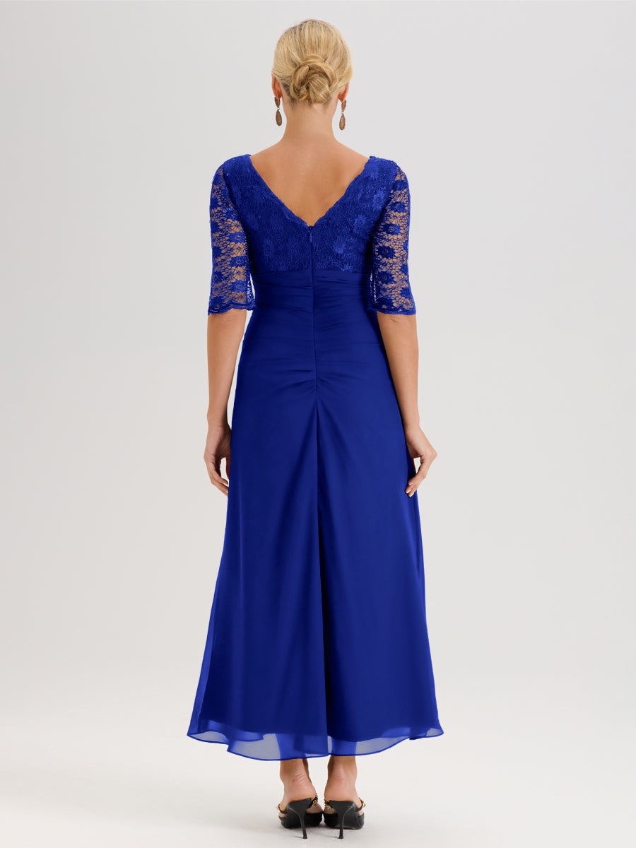 Cicinia Bleu Royale Robe De Mère De La Mariée Longue Ligne A En Dentelle Et Mousseline À Décolleté En V Demi-Manches Et Ceinture À Longs Rubans