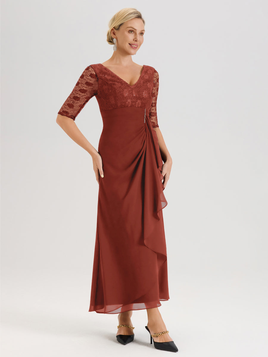 Cicinia Rouille Robe De Mère De La Mariée Longue Ligne A En Dentelle Et Mousseline À Décolleté En V Demi-Manches Et Ceinture À Longs Rubans