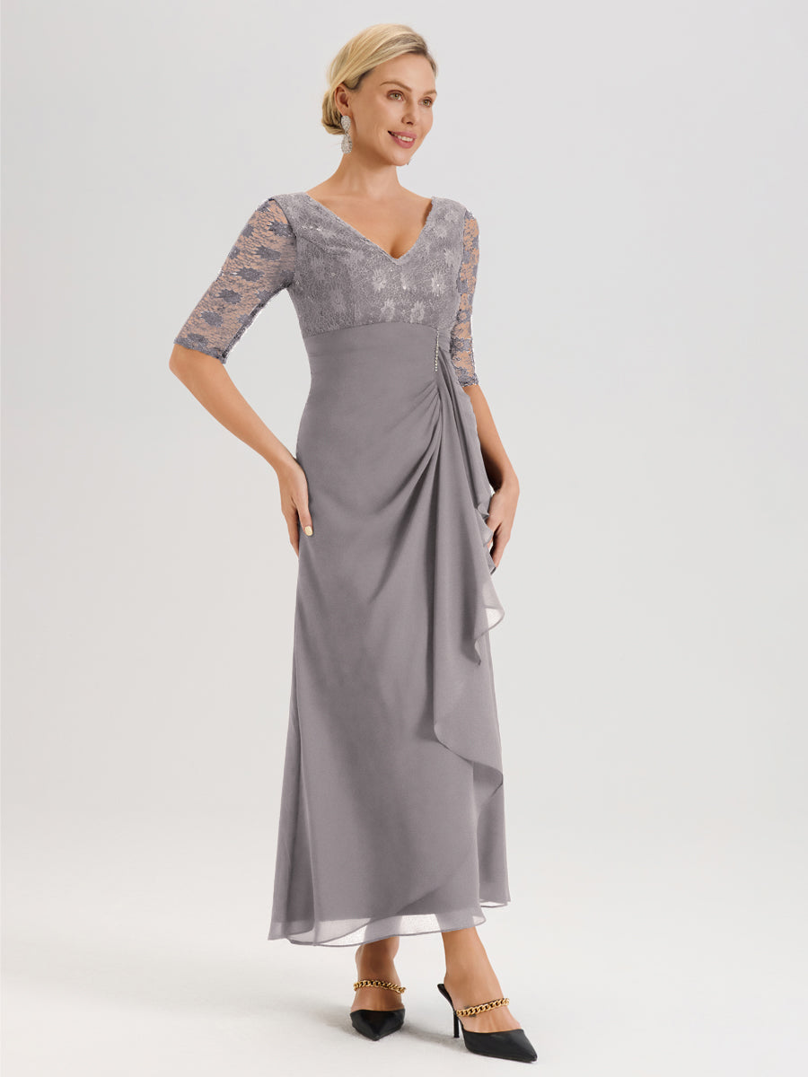 Cicinia Argent Robe De Mère De La Mariée Longue Ligne A En Dentelle Et Mousseline À Décolleté En V Demi-Manches Et Ceinture À Longs Rubans