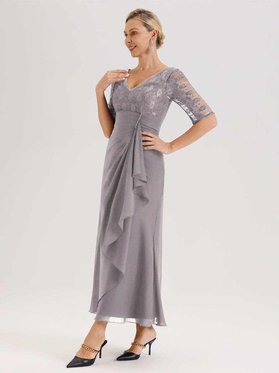 Cicinia Argent Robe De Mère De La Mariée Longue Ligne A En Dentelle Et Mousseline À Décolleté En V Demi-Manches Et Ceinture À Longs Rubans