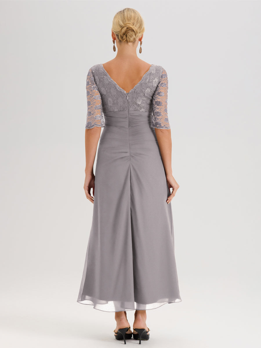 Cicinia Argent Robe De Mère De La Mariée Longue Ligne A En Dentelle Et Mousseline À Décolleté En V Demi-Manches Et Ceinture À Longs Rubans