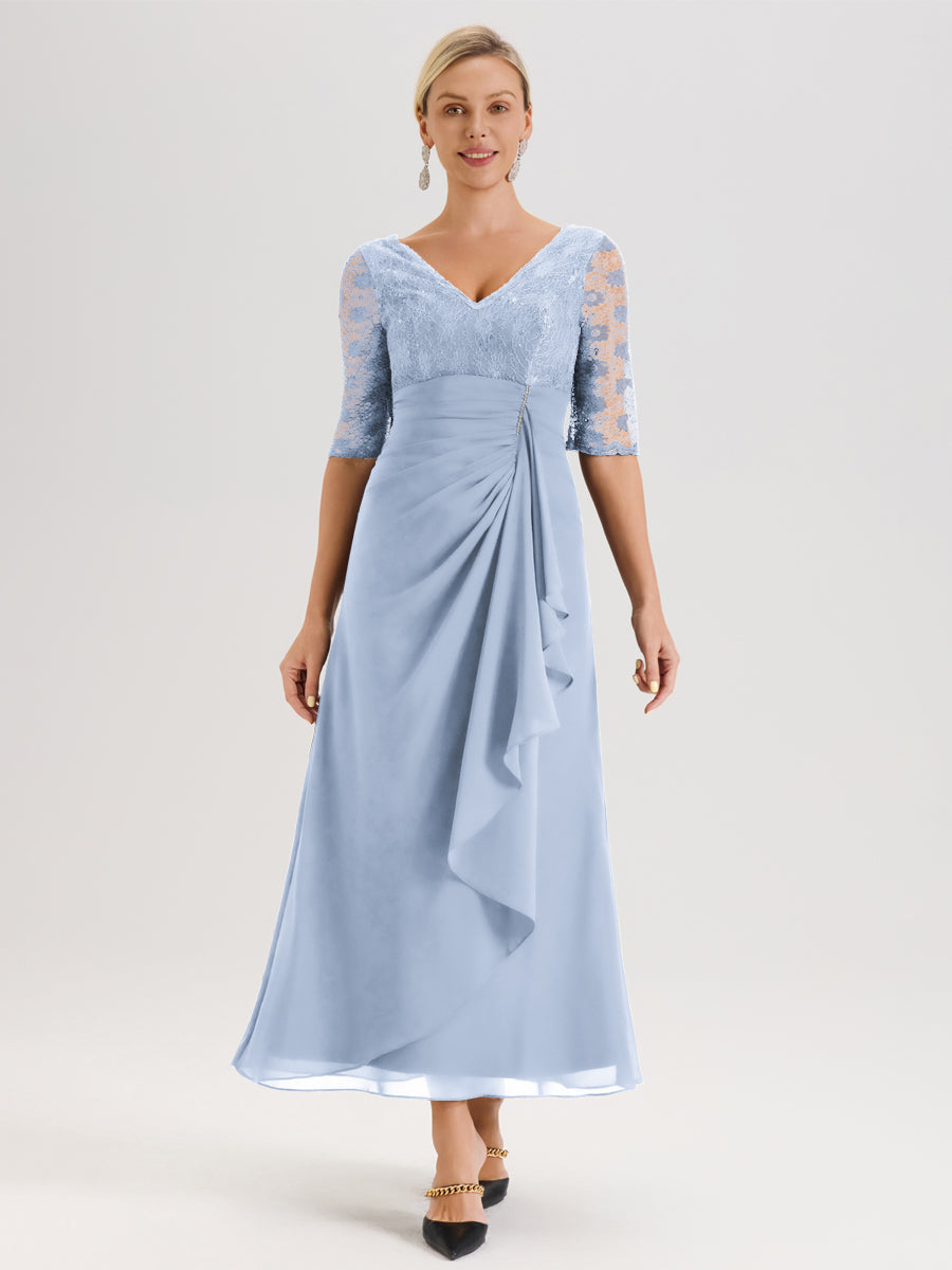 Cicinia Bleu Ciel Robe De Mère De La Mariée Longue Ligne A En Dentelle Et Mousseline À Décolleté En V Demi-Manches Et Ceinture À Longs Rubans