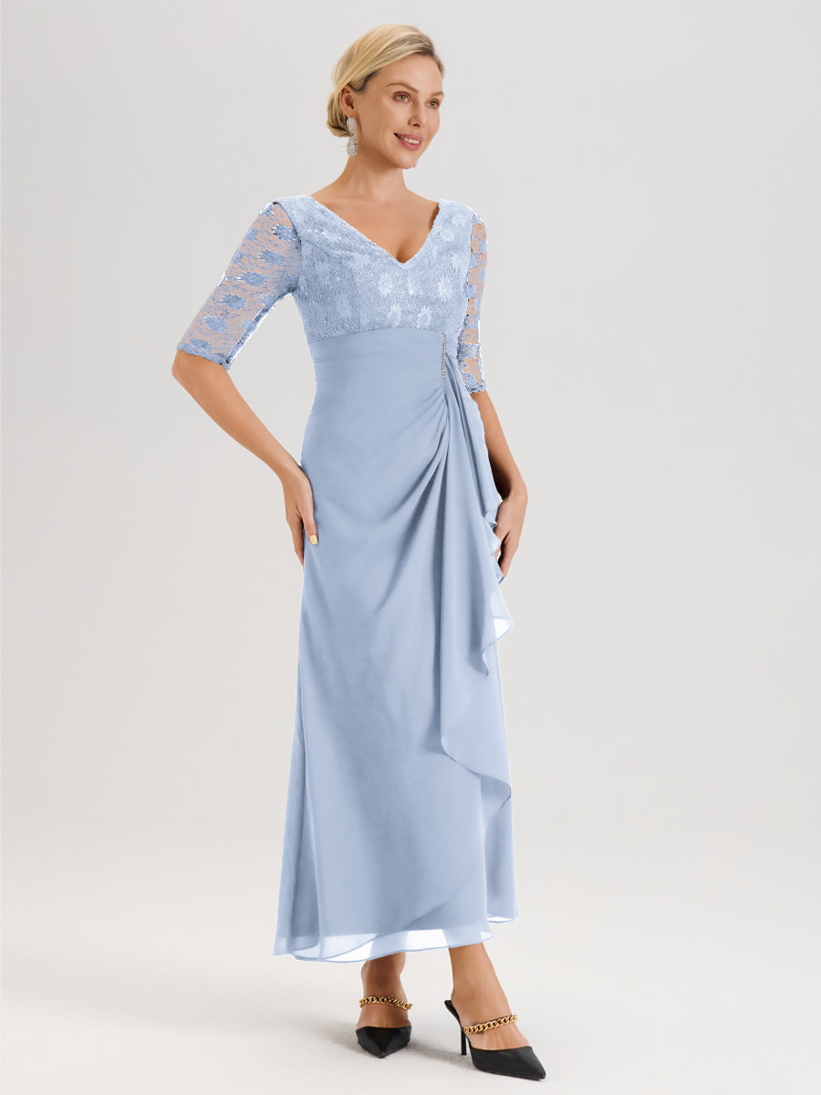 Cicinia Bleu Ciel Robe De Mère De La Mariée Longue Ligne A En Dentelle Et Mousseline À Décolleté En V Demi-Manches Et Ceinture À Longs Rubans