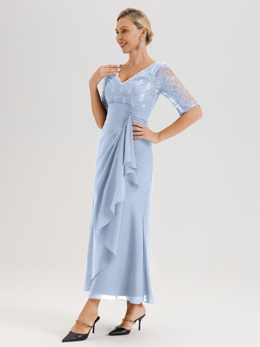 Cicinia Bleu Ciel Robe De Mère De La Mariée Longue Ligne A En Dentelle Et Mousseline À Décolleté En V Demi-Manches Et Ceinture À Longs Rubans