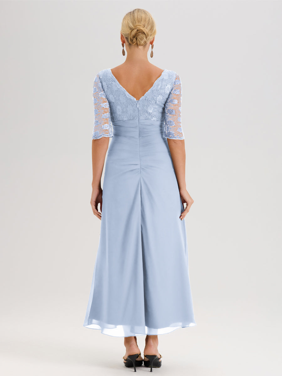 Cicinia Bleu Ciel Robe De Mère De La Mariée Longue Ligne A En Dentelle Et Mousseline À Décolleté En V Demi-Manches Et Ceinture À Longs Rubans