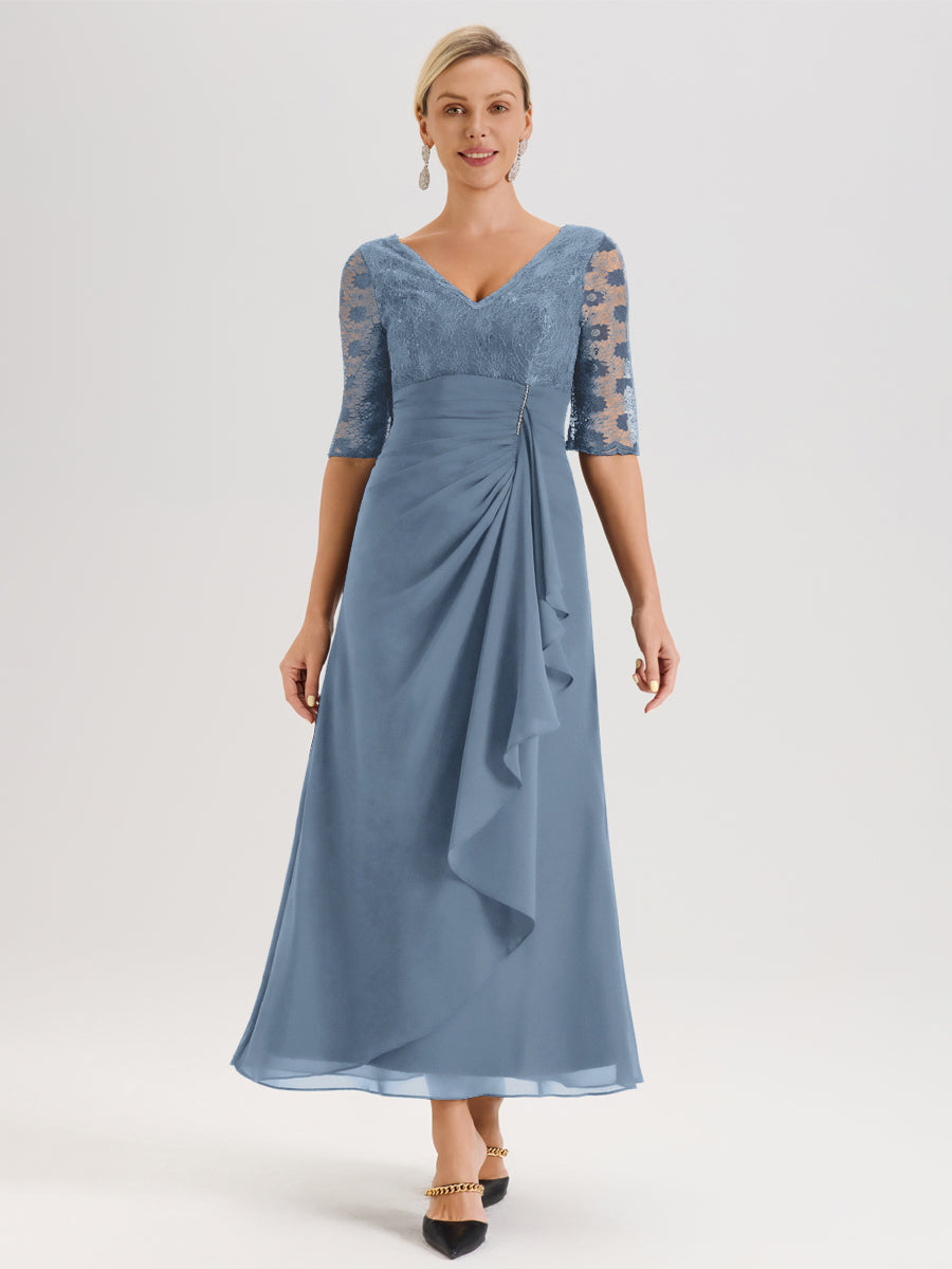 Cicinia Bleu De Schiste Robe De Mère De La Mariée Longue Ligne A En Dentelle Et Mousseline À Décolleté En V Demi-Manches Et Ceinture À Longs Rubans