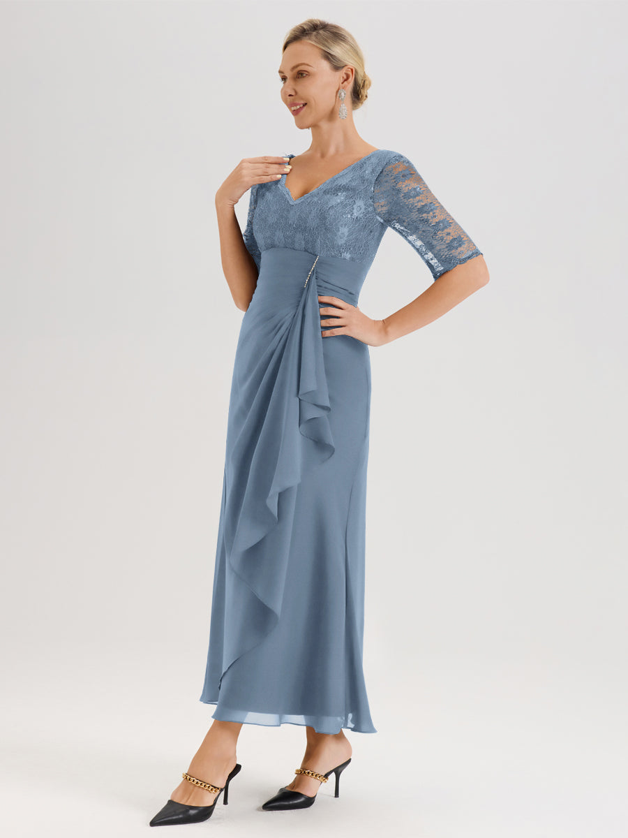 Cicinia Bleu De Schiste Robe De Mère De La Mariée Longue Ligne A En Dentelle Et Mousseline À Décolleté En V Demi-Manches Et Ceinture À Longs Rubans