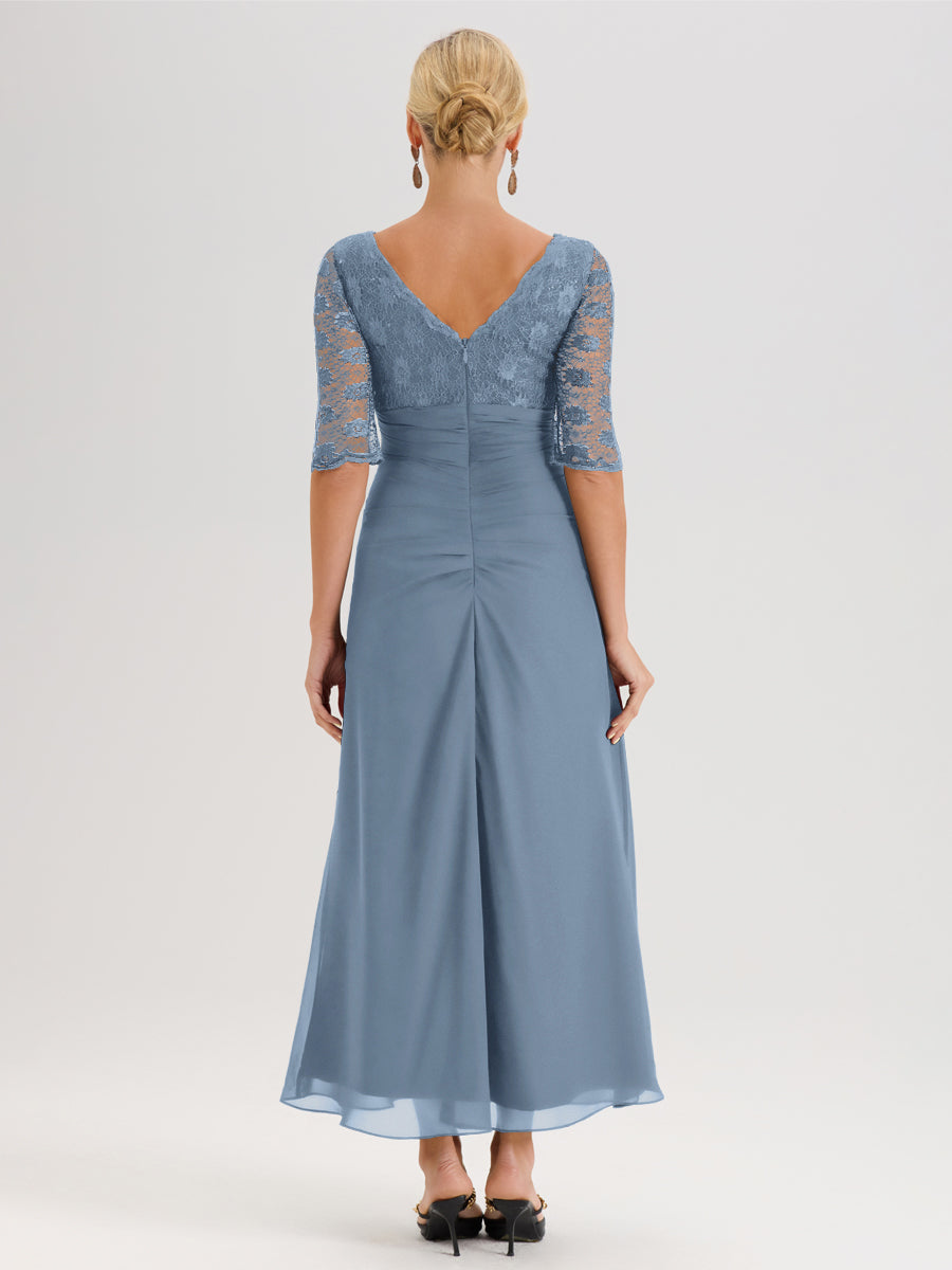Cicinia Bleu De Schiste Robe De Mère De La Mariée Longue Ligne A En Dentelle Et Mousseline À Décolleté En V Demi-Manches Et Ceinture À Longs Rubans