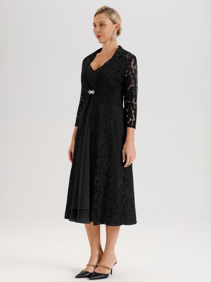 Cicinia Noir Ensemble 2 Pièces Élégant Pour Mère De La Mariée Mi-Longue À Décolleté En V En Mousseline Et Dentelle
