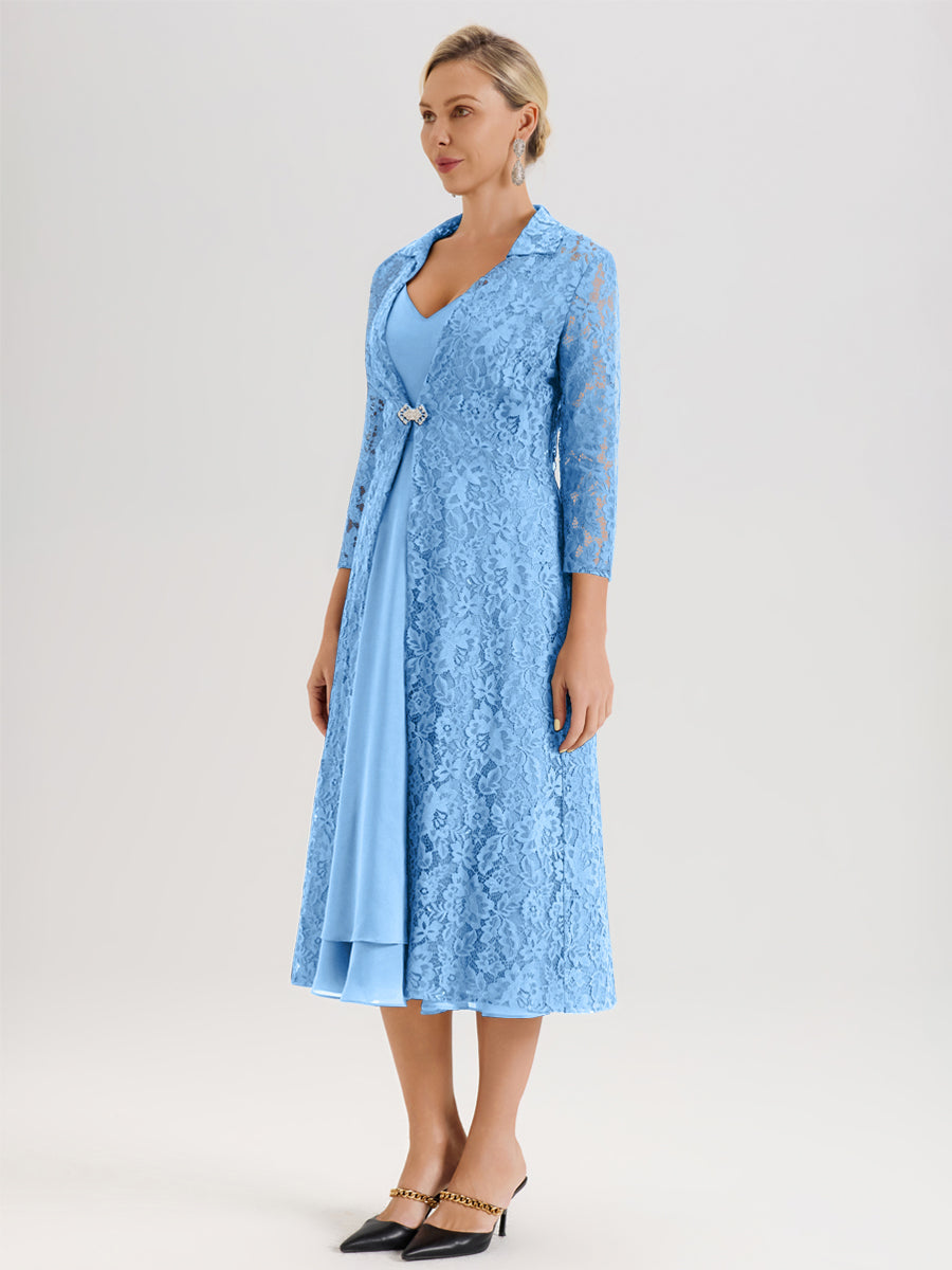 Cicinia Bleu Ensemble 2 Pièces Élégant Pour Mère De La Mariée Mi-Longue À Décolleté En V En Mousseline Et Dentelle