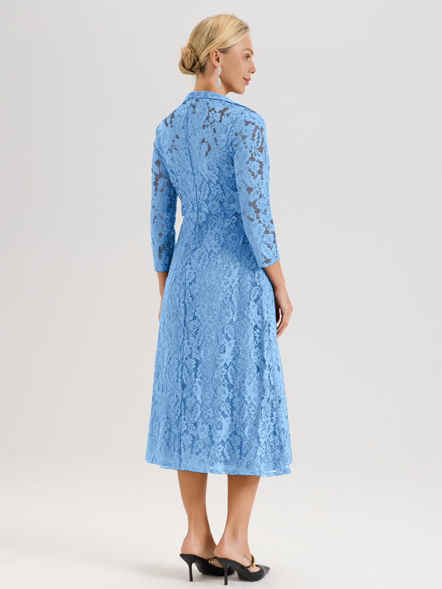 Cicinia Bleu Ensemble 2 Pièces Élégant Pour Mère De La Mariée Mi-Longue À Décolleté En V En Mousseline Et Dentelle
