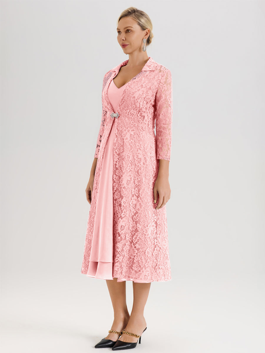 Cicinia Rose Ensemble 2 Pièces Élégant Pour Mère De La Mariée Mi-Longue À Décolleté En V En Mousseline Et Dentelle