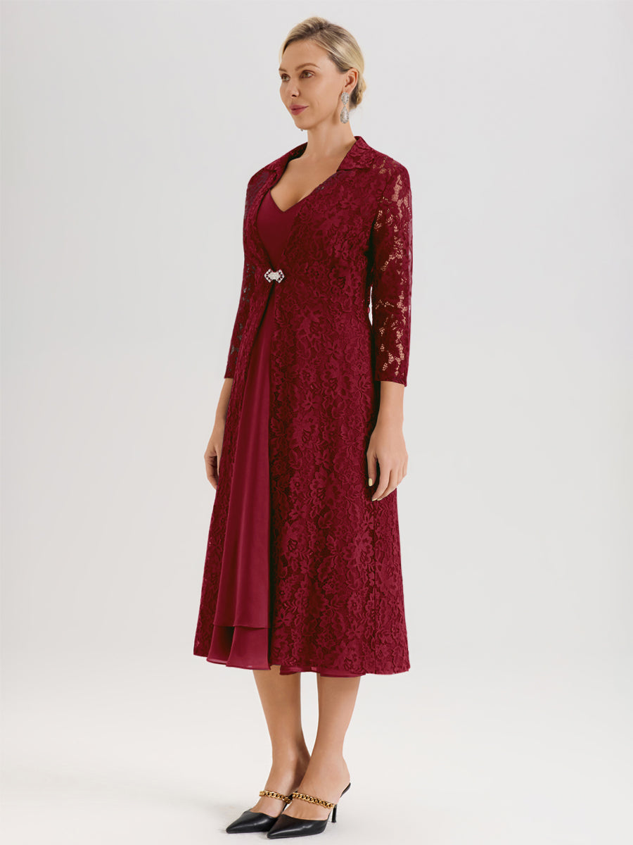 Cicinia Bordeaux Ensemble 2 Pièces Élégant Pour Mère De La Mariée Mi-Longue À Décolleté En V En Mousseline Et Dentelle