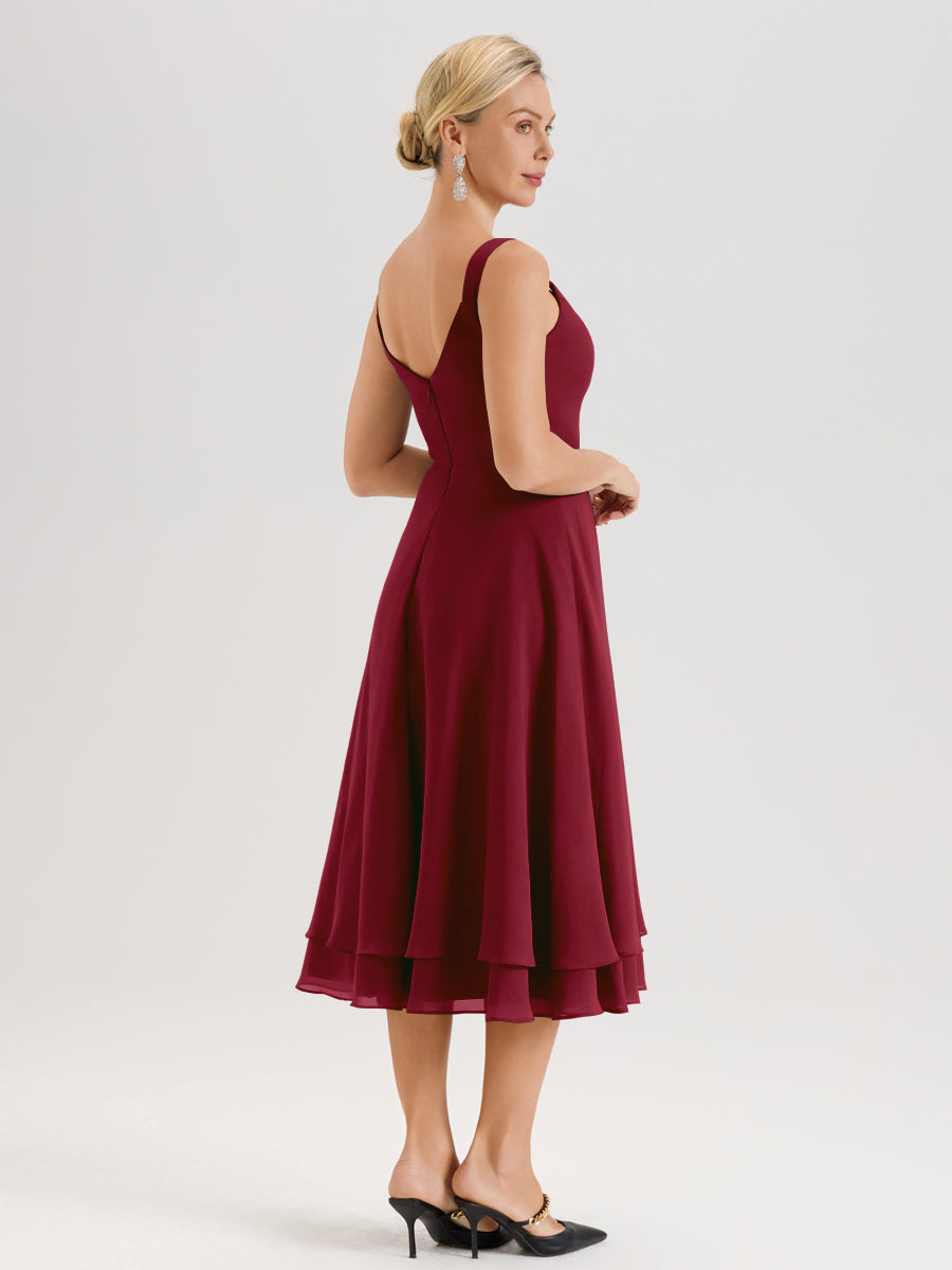 Cicinia Bordeaux Ensemble 2 Pièces Élégant Pour Mère De La Mariée Mi-Longue À Décolleté En V En Mousseline Et Dentelle