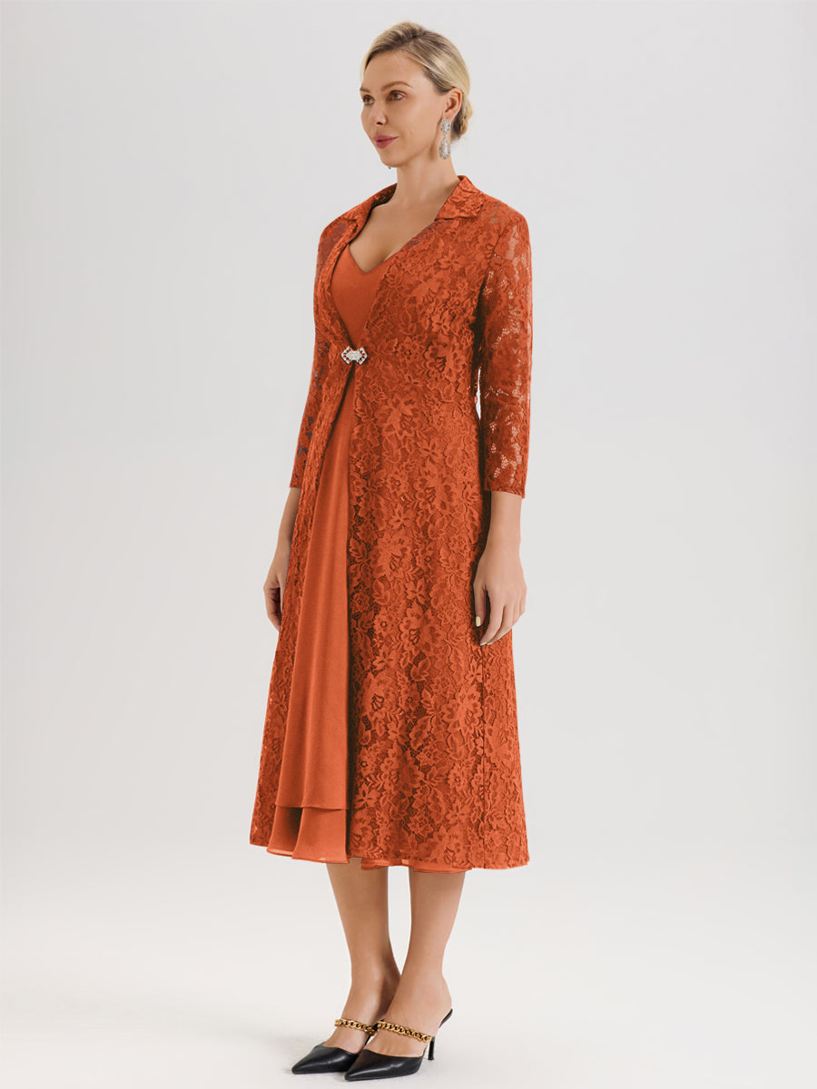 Cicinia Orange Brûlé Ensemble 2 Pièces Élégant Pour Mère De La Mariée Mi-Longue À Décolleté En V En Mousseline Et Dentelle