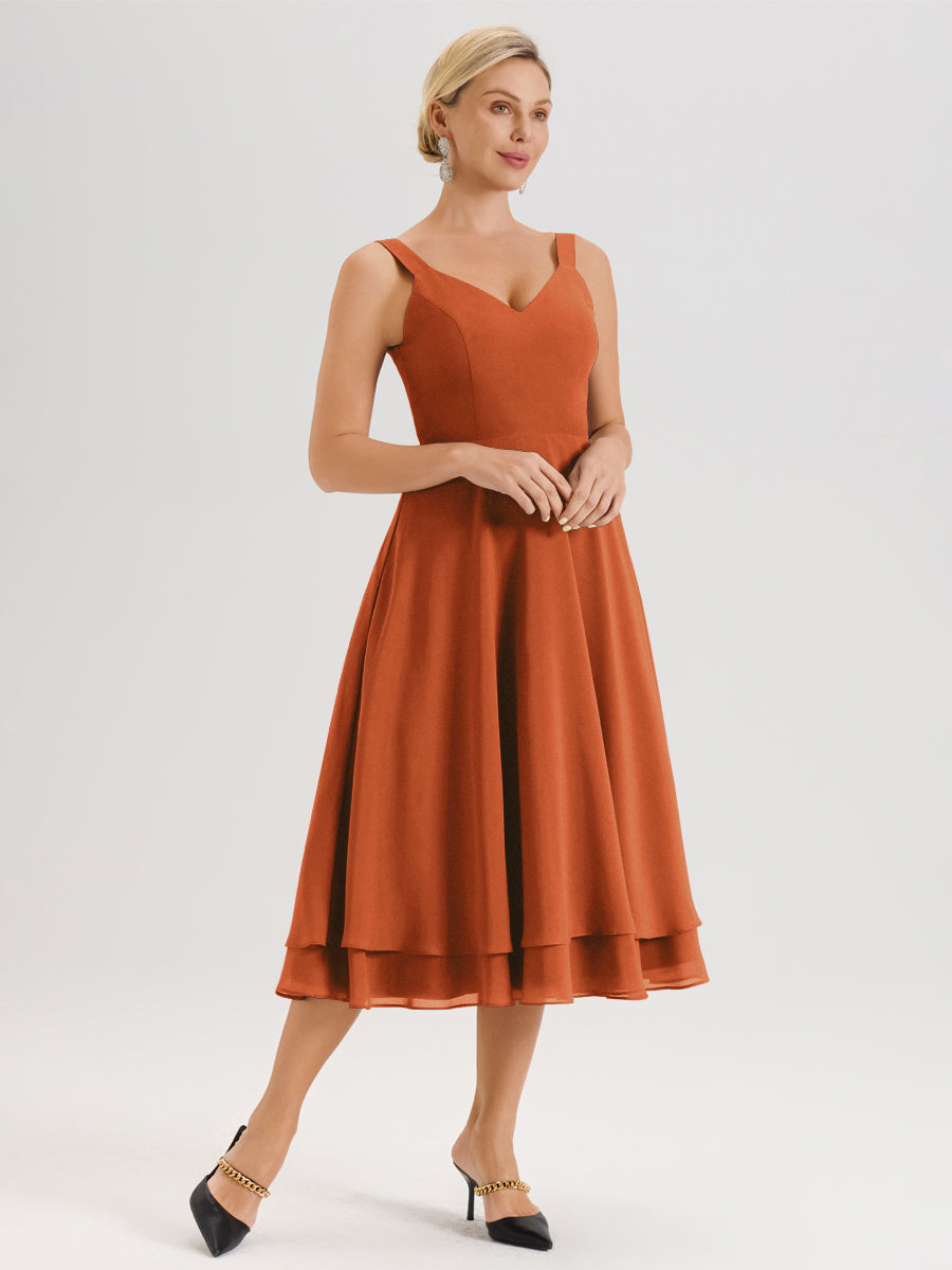 Cicinia Orange Brûlé Ensemble 2 Pièces Élégant Pour Mère De La Mariée Mi-Longue À Décolleté En V En Mousseline Et Dentelle