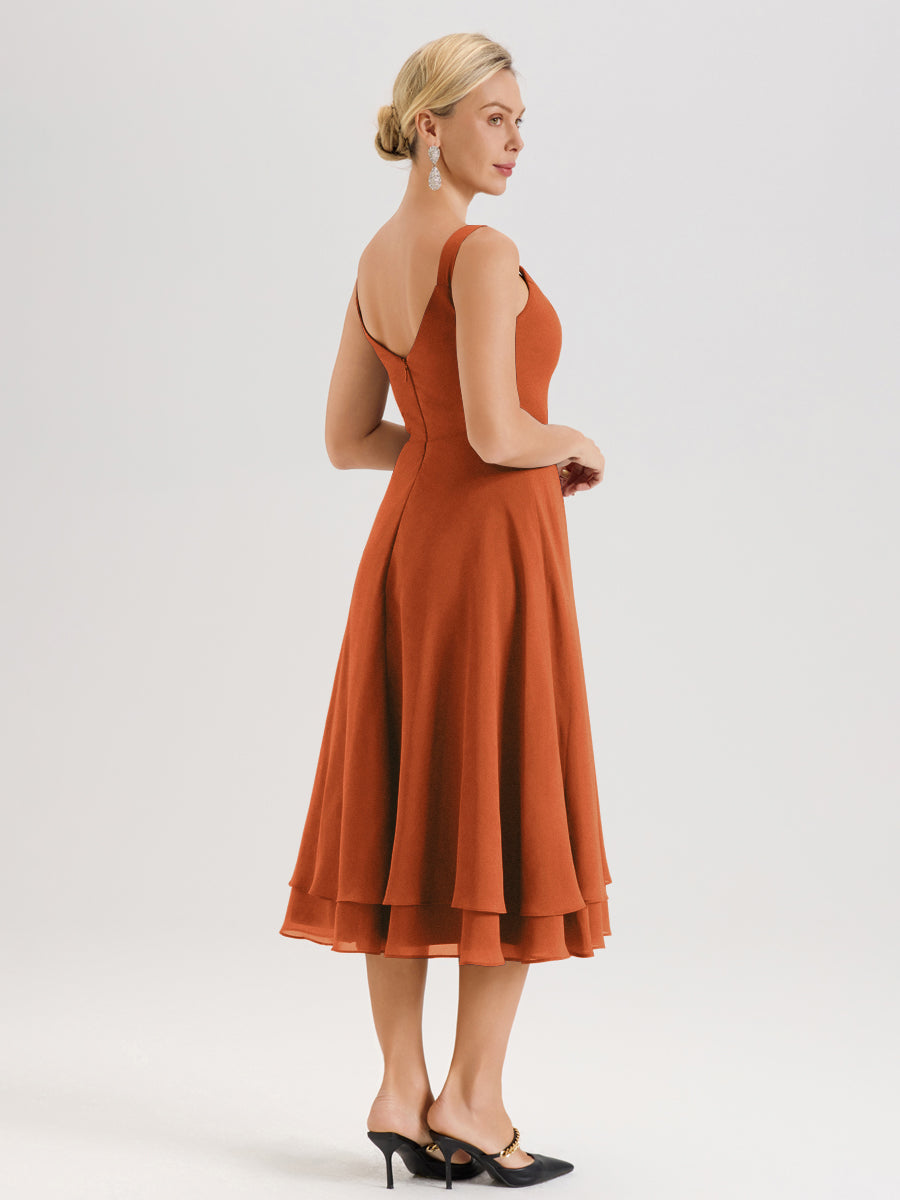 Cicinia Orange Brûlé Ensemble 2 Pièces Élégant Pour Mère De La Mariée Mi-Longue À Décolleté En V En Mousseline Et Dentelle