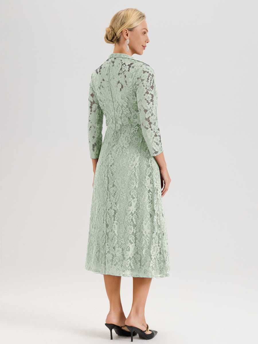 Cicinia Celadon Ensemble 2 Pièces Élégant Pour Mère De La Mariée Mi-Longue À Décolleté En V En Mousseline Et Dentelle