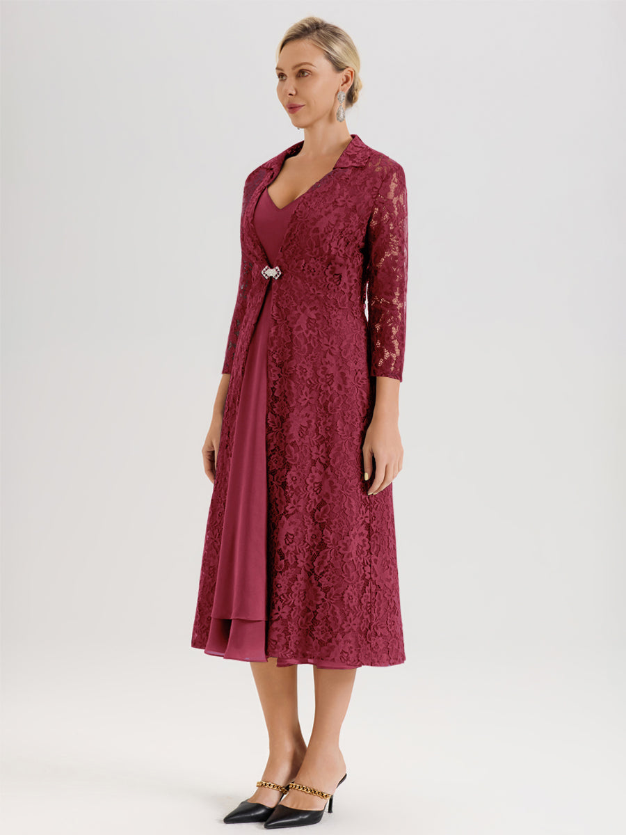 Cicinia Rose Cannelle Ensemble 2 Pièces Élégant Pour Mère De La Mariée Mi-Longue À Décolleté En V En Mousseline Et Dentelle