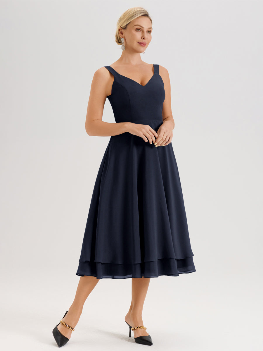 Cicinia Bleu Marine Ensemble 2 Pièces Élégant Pour Mère De La Mariée Mi-Longue À Décolleté En V En Mousseline Et Dentelle