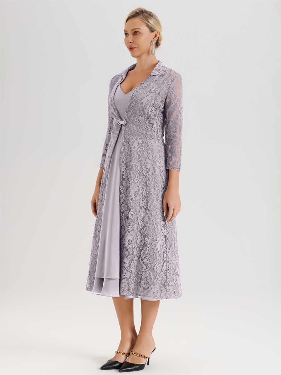 Cicinia Crépuscule Ensemble 2 Pièces Élégant Pour Mère De La Mariée Mi-Longue À Décolleté En V En Mousseline Et Dentelle