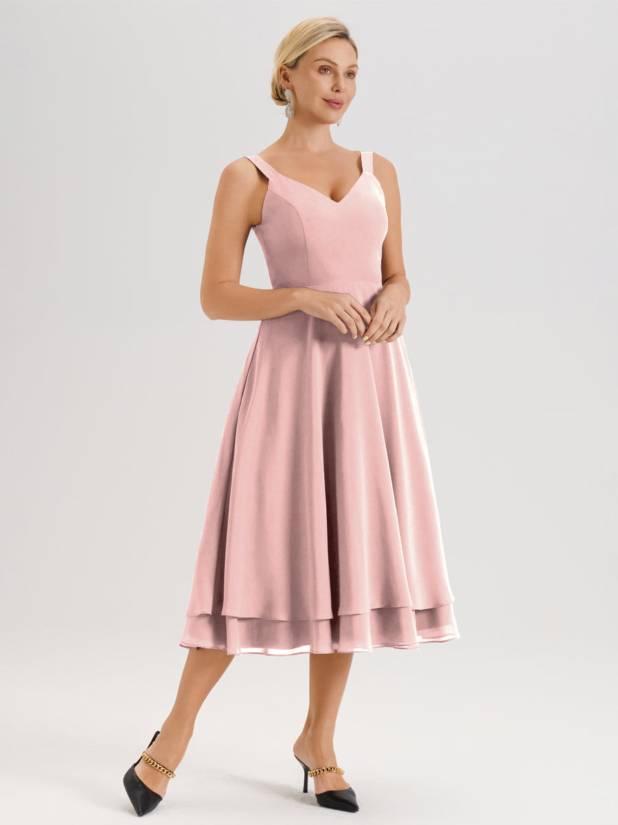 Cicinia Rose Poudré Ensemble 2 Pièces Élégant Pour Mère De La Mariée Mi-Longue À Décolleté En V En Mousseline Et Dentelle
