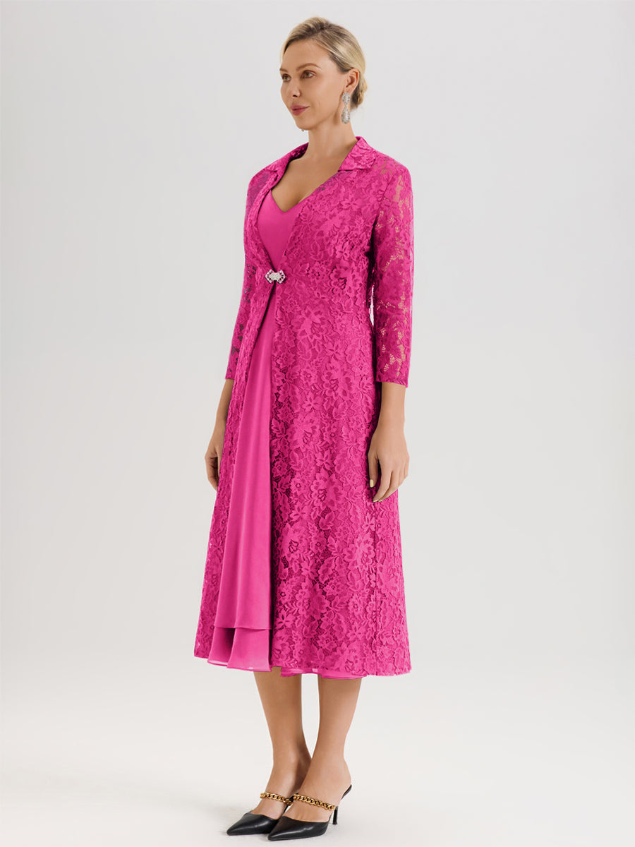 Cicinia Fuchsia Ensemble 2 Pièces Élégant Pour Mère De La Mariée Mi-Longue À Décolleté En V En Mousseline Et Dentelle