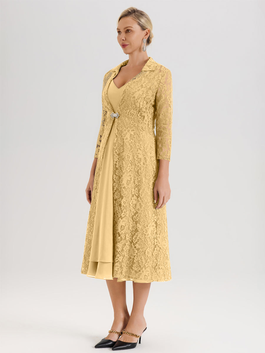 Cicinia Or Ensemble 2 Pièces Élégant Pour Mère De La Mariée Mi-Longue À Décolleté En V En Mousseline Et Dentelle