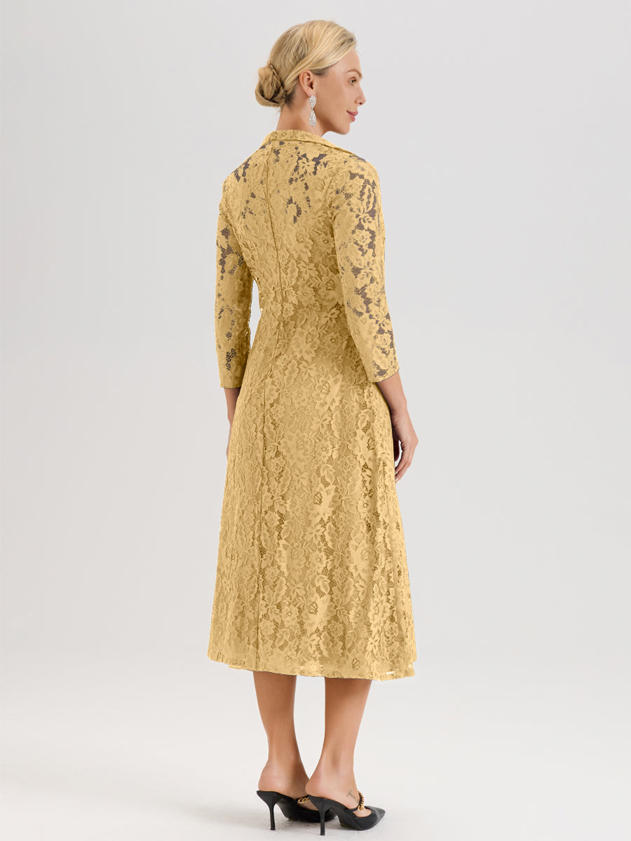 Cicinia Or Ensemble 2 Pièces Élégant Pour Mère De La Mariée Mi-Longue À Décolleté En V En Mousseline Et Dentelle