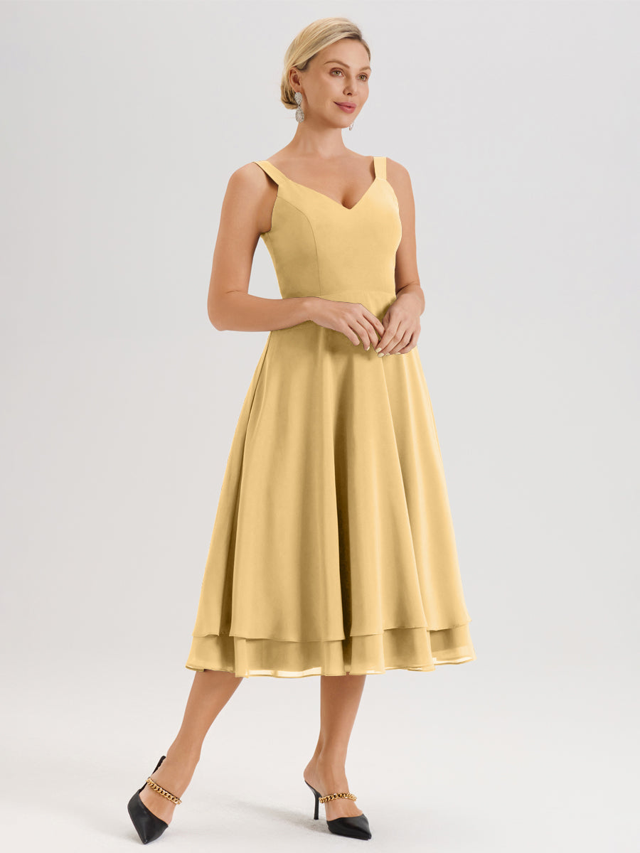 Cicinia Or Ensemble 2 Pièces Élégant Pour Mère De La Mariée Mi-Longue À Décolleté En V En Mousseline Et Dentelle