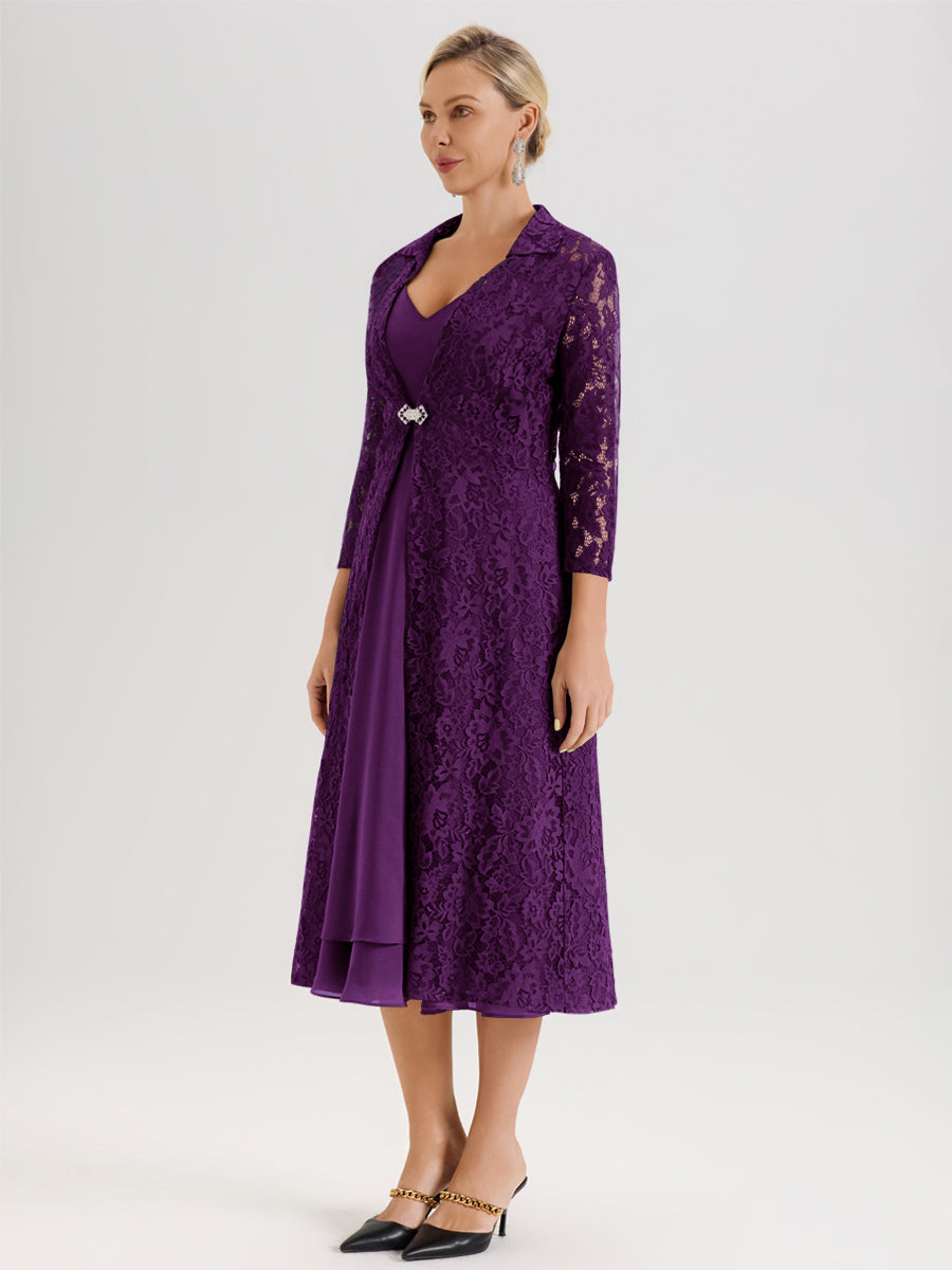 Cicinia Raisin Ensemble 2 Pièces Élégant Pour Mère De La Mariée Mi-Longue À Décolleté En V En Mousseline Et Dentelle