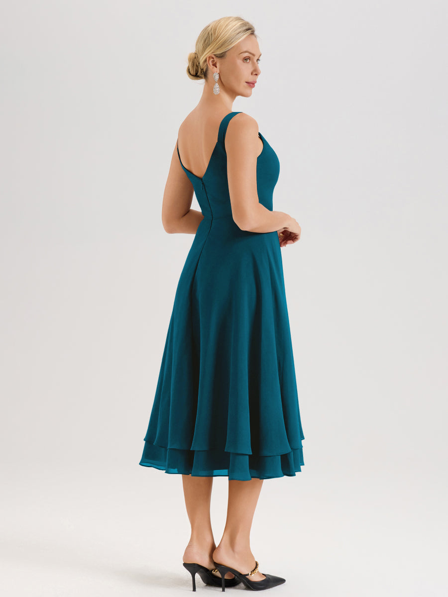 Cicinia Bleu Encre Ensemble 2 Pièces Élégant Pour Mère De La Mariée Mi-Longue À Décolleté En V En Mousseline Et Dentelle