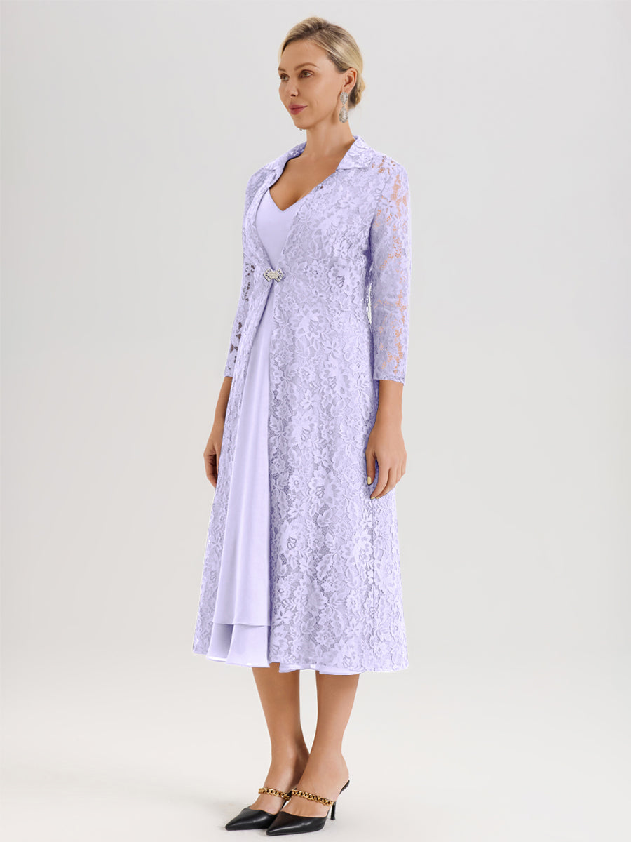 Cicinia Lilas Ensemble 2 Pièces Élégant Pour Mère De La Mariée Mi-Longue À Décolleté En V En Mousseline Et Dentelle