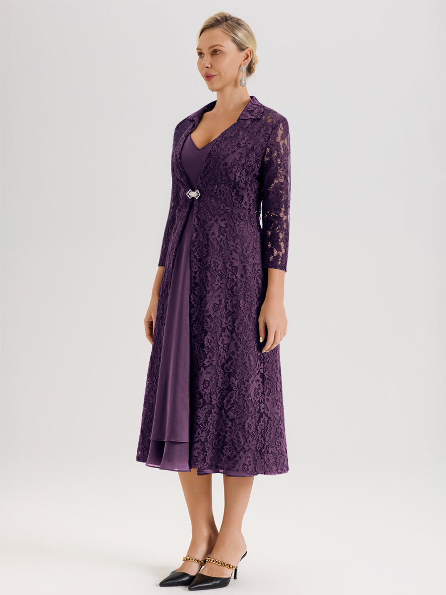 Cicinia Plum Ensemble 2 Pièces Élégant Pour Mère De La Mariée Mi-Longue À Décolleté En V En Mousseline Et Dentelle