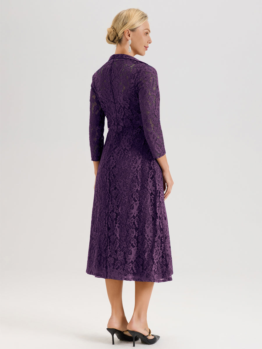 Cicinia Plum Ensemble 2 Pièces Élégant Pour Mère De La Mariée Mi-Longue À Décolleté En V En Mousseline Et Dentelle