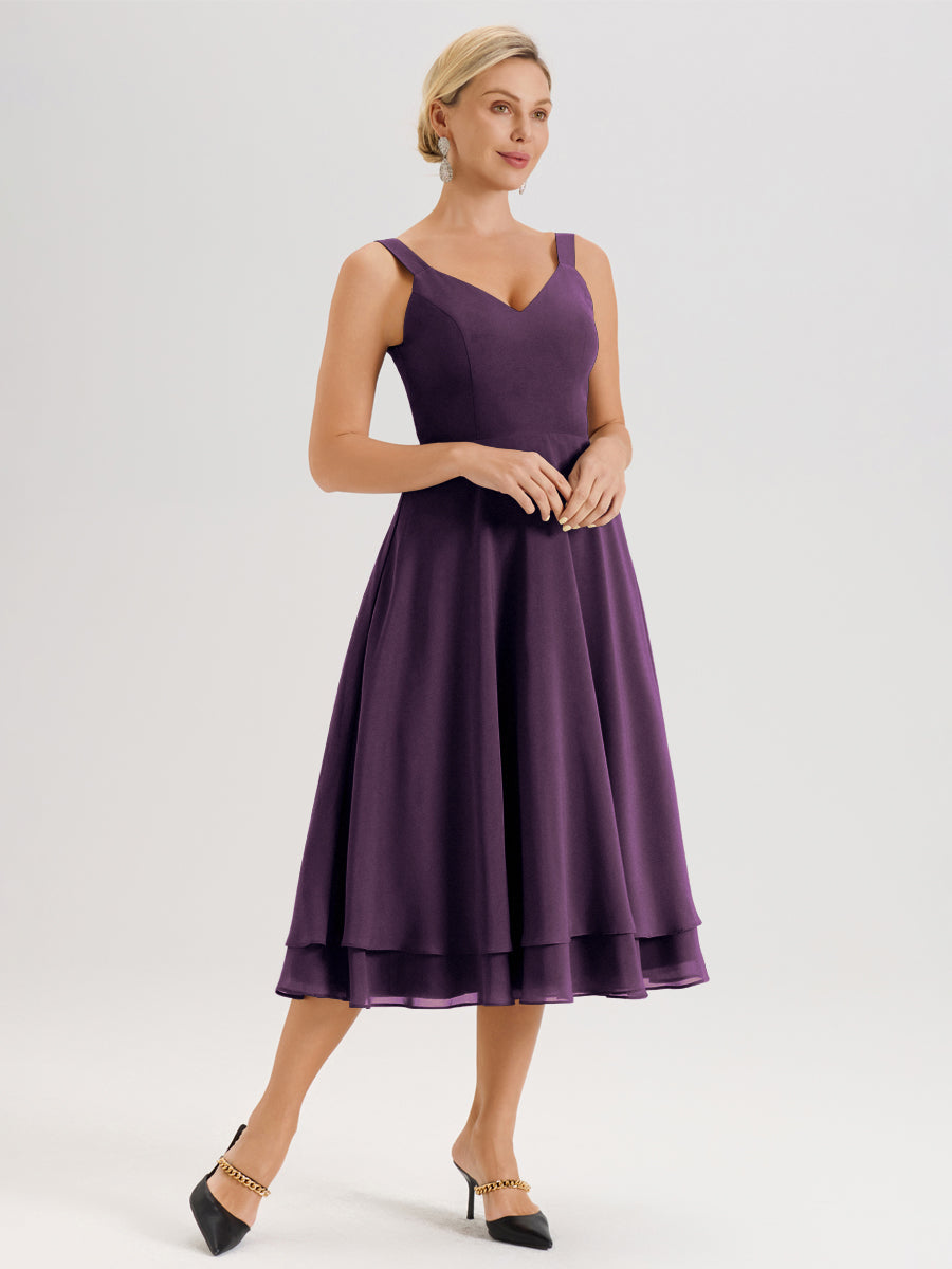 Cicinia Plum Ensemble 2 Pièces Élégant Pour Mère De La Mariée Mi-Longue À Décolleté En V En Mousseline Et Dentelle