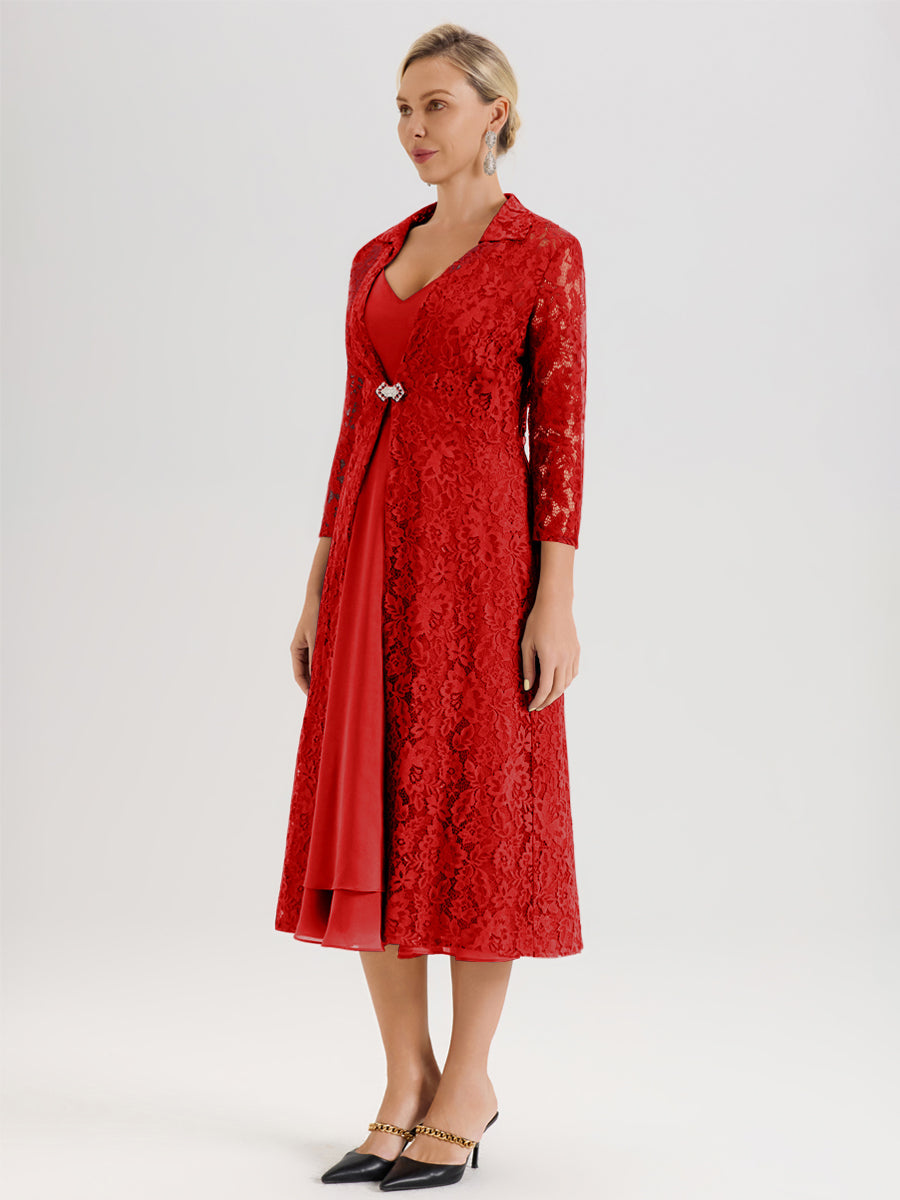 Cicinia Rouge Ensemble 2 Pièces Élégant Pour Mère De La Mariée Mi-Longue À Décolleté En V En Mousseline Et Dentelle