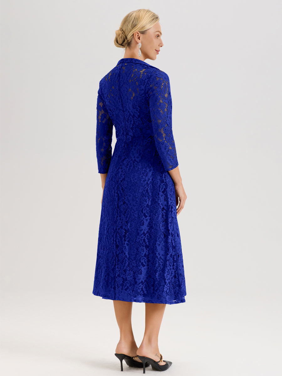 Cicinia Bleu Royale Ensemble 2 Pièces Élégant Pour Mère De La Mariée Mi-Longue À Décolleté En V En Mousseline Et Dentelle
