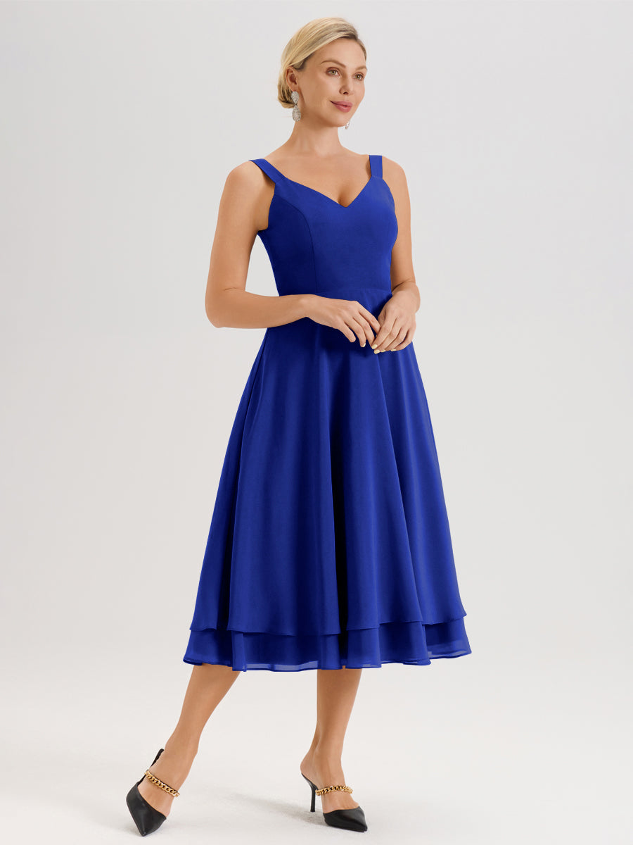 Cicinia Bleu Royale Ensemble 2 Pièces Élégant Pour Mère De La Mariée Mi-Longue À Décolleté En V En Mousseline Et Dentelle