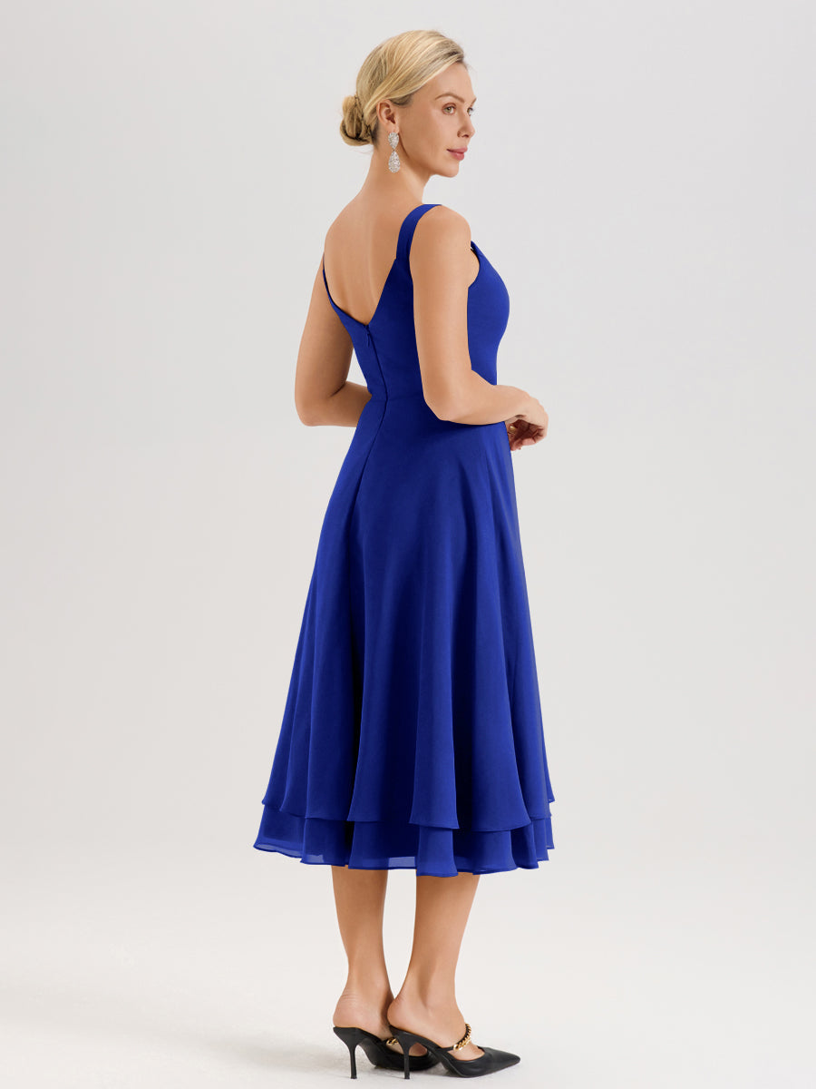 Cicinia Bleu Royale Ensemble 2 Pièces Élégant Pour Mère De La Mariée Mi-Longue À Décolleté En V En Mousseline Et Dentelle