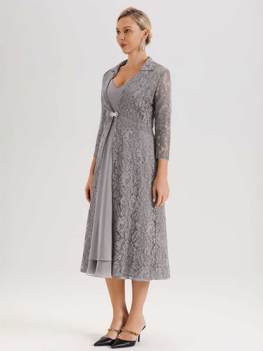 Cicinia Argent Ensemble 2 Pièces Élégant Pour Mère De La Mariée Mi-Longue À Décolleté En V En Mousseline Et Dentelle